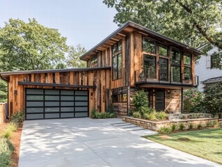 Modern Rustic Farmhouse: A stunning contemporary home blends rustic charm with modern design.  The exterior showcases reclaimed wood siding, large windows, and a sleek garage door.