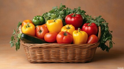 Colorful Basket Overflowing with Fresh Vegetables and Herbs on Display