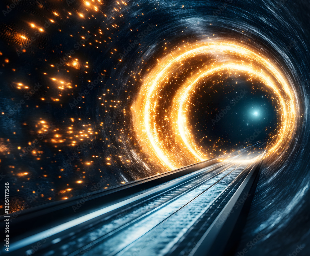 Poster a mesmerizing tunnel illuminated by swirling lights, leading into a mysterious, bright core