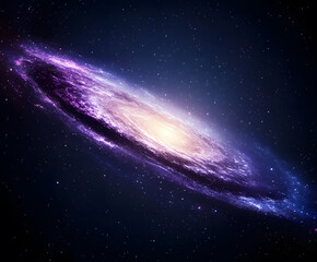 A stunning depiction of a spiral galaxy, showcasing vibrant purple hues against a dark cosmic backdrop, evoking the vastness of the universe