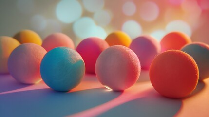 Naklejka premium 3D rendering of a group of fluffy balls in pastel colors on a table with a blurred background.