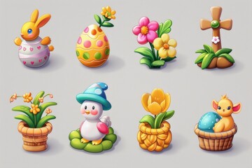Obraz premium Set of Easter themed cartoon characters and flowers