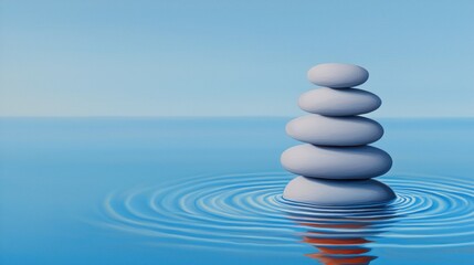 Obraz premium Balanced Stone Stacks (Cairns) A perfectly balanced stack of smooth, grey stones in calm, shallow water, creating a sense of harmony and tranquility.