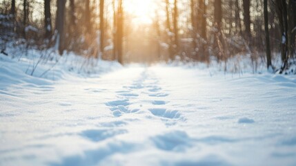 Snowy Hiking Trail Through Forest at Sunset in Winter Wonderland Scene