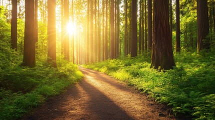 Fototapeta premium Serene Path Through an Ancient Forest at Sunrise with Gentle Light Glowing
