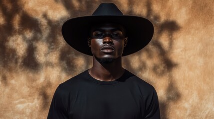 A Black man exudes confidence as he poses against a textured wall. He's dressed in a boxy black t-shirt and a stylish wide-brimmed hat under the bright daylight