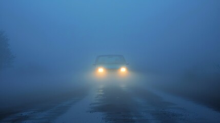 Car driving through the thick fog at night. The headlights are on and the road is wet.