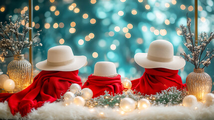 Holiday decor featuring three figures wearing red blankets and white hats, with a backdrop of twinkling lights and festive elements