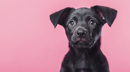 Naklejka premium Black Puppy Portrait Against Pink Background