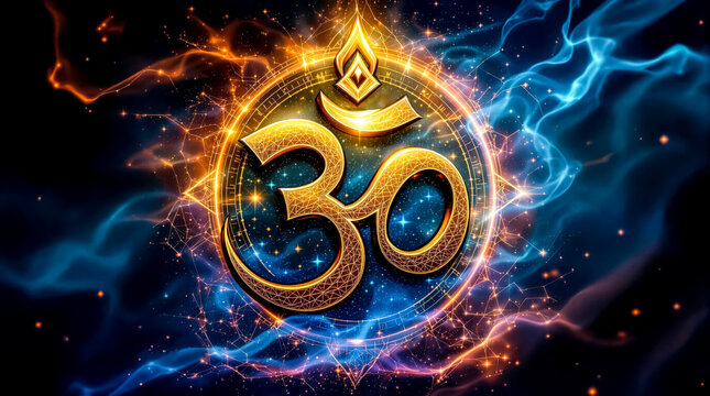 vibrant 3d rendering of a glowing om symbol surrounded by cosmic energy, representing spirituality and divine connection