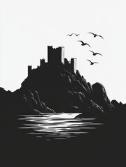 Obraz premium Minimalistic logo featuring a grand castle silhouette situated on a rocky cliff with birds soaring above, reflecting a sense of strength and tranquility