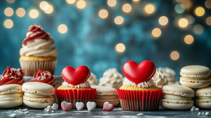 Delicious heart-themed cupcakes and macarons set against a festive bokeh background