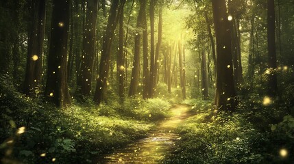 Obraz premium A Sunlit Forest Path with Glowing Fireflies