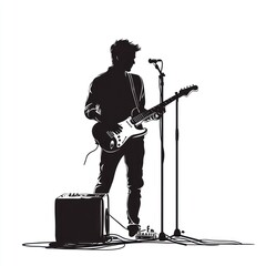 Obraz premium Musician playing guitar on stage, spotlight background.