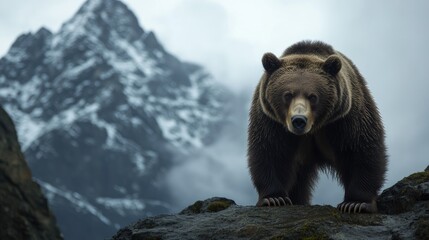 Fototapeta premium A majestic bear stands on a rocky outcrop with snowy mountains in the background.