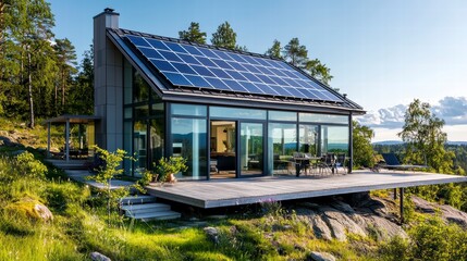 Obraz premium Sustainable Living: A modern, energy-efficient home nestled amidst lush greenery, showcasing a sleek solar panel installation for a sustainable and eco-friendly lifestyle. 