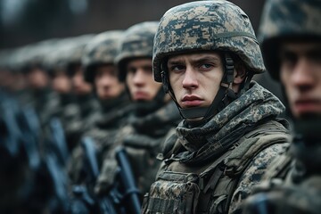 Fototapeta premium Multiple army infantry standing in formation with serious expressions during a military drill in a training area on a cloudy day showcasing discipline and readiness