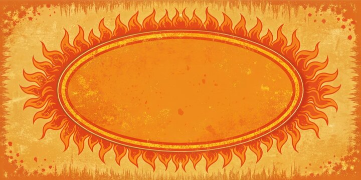 Distressed retro-style orange circle with a fiery border, flame, retro