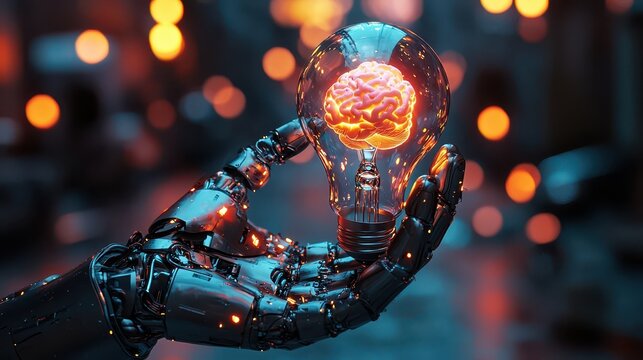 Robot hand gripping an exploding lightbulb with intricate designs during a futuristic urban event showcasing technology and creativity