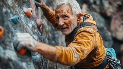 Senior citizen demonstrates remarkable skill and determination while indoor rock climbing at a local climbing gym, showcasing passion for fitness and adventure in later life