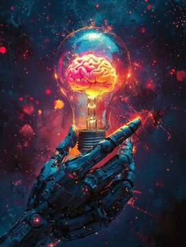 Robot hand gripping an exploding lightbulb showcasing a vibrant brain within, symbolizing the fusion of technology and intellect in a dynamic and energetic environment