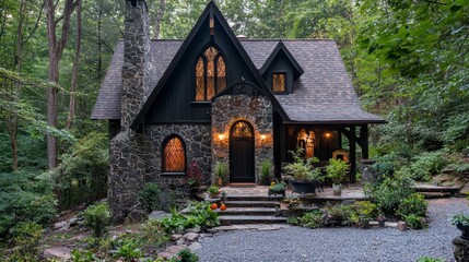 Fototapeta premium A quaint, whimsical cottage nestled amongst lush greenery. The stone exterior, with its arched windows and gabled roof, evokes a sense of charm and mystery.