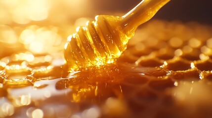 Fototapeta premium Fresh honey flowing from a stick onto a honeycomb with warm light highlighting the golden liquid and smooth texture creating a sense of health and purity