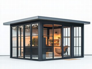 Modern Garden Room: A stylish and contemporary garden room with large glass windows and doors, perfect for a home office, guest room, or relaxing space.