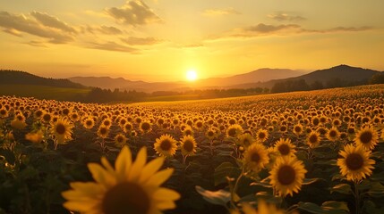 Fototapeta premium Sunflowers Bask in Golden Sunset Over Rolling Hills