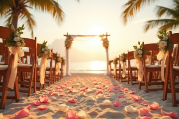Obraz premium A beautiful outdoor beach wedding setup featuring a sandy aisle adorned with pink and white flower petals, wooden chairs, and a floral arch at sunset. Ideal for wedding and romance concepts.