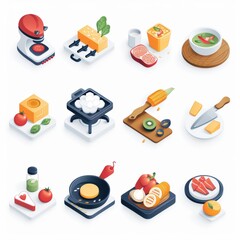 Set of food illustrations with a variety of items such as a knife, a bowl