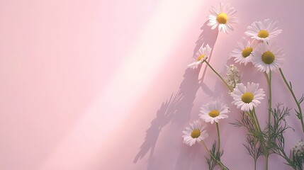 Naklejka premium Daisies Arranged on a Pink Background Illuminated by Sunlight