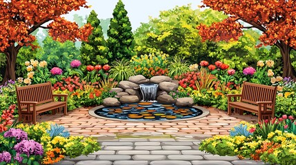 Obraz premium Serene Garden Oasis with Koi Pond and Benches.