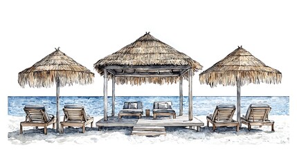 Tranquil Beachfront Cabana Scene Watercolor Illustration.