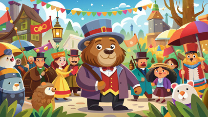 Naklejka premium Festival of the Bear: A whimsical illustration captures a festive gathering with a charming cartoon bear donning a top hat, surrounded by townsfolk and adorable animal characters.