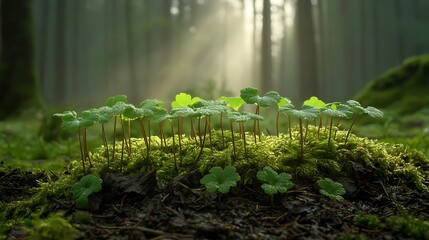 A cluster of healthy seedlings growing in moist soil with a forest backdrop bathed in early morning light