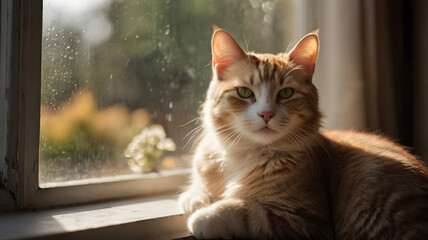 Sun-Kissed Cat: A ginger tabby cat with captivating green eyes sits serenely on a window sill, bathed in warm sunlight, casting a contemplative gaze outward. 