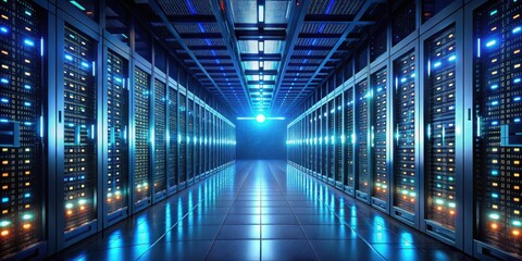 Fototapeta premium A darkened room filled with rows of humming servers and data centers, casting an eerie glow over the landscape like a ghostly mist , futuristic technology, glowing