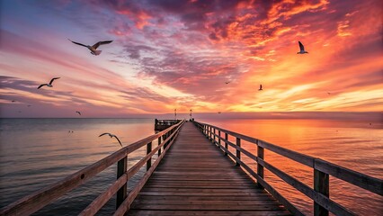 Obraz premium A breathtaking sunrise over a tranquil ocean from wooden pier
