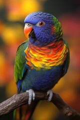 Naklejka premium A vibrant parrot perched on a branch, showcasing its colorful plumage against a blurred background.