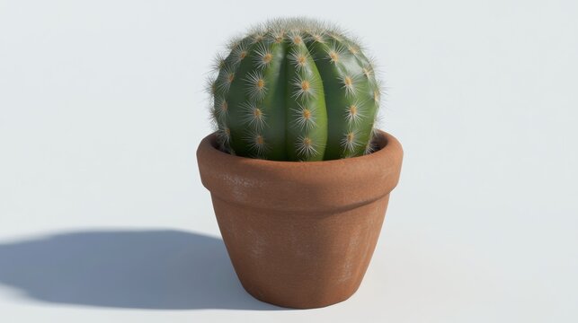 A small potted cactus in a clay pot, placed on a white background,