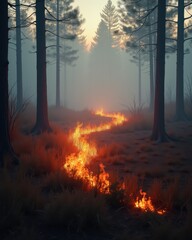A narrow trail of fire burns through a misty forest of tall pine trees at sunrise, highlighting the devastating effects of wildfires. Perfect for environmental, climate change, or disaster concepts.