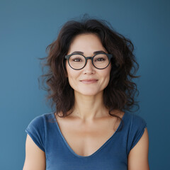 Obraz premium Portrait of a confident woman wearing glasses urban studio photography blue background eye level empowerment and style