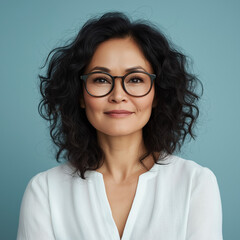 Fototapeta premium Professional portrait of confident woman with glasses studio setting photography neutral background close-up empowerment