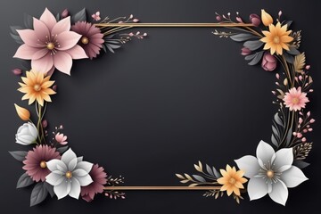 A black gold of a decorative frame with pink flowers and green leaves, designed as a floral border for cards or invitations, featuring a spring or summer theme