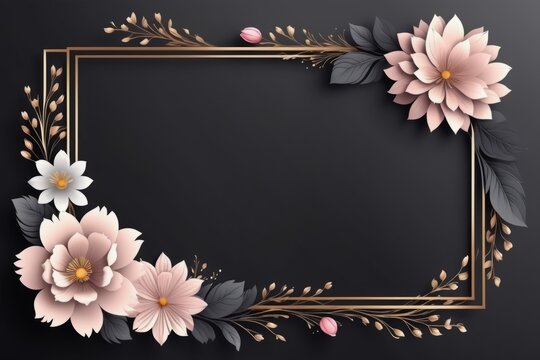 A black gold of a decorative frame with pink flowers and green leaves, designed as a floral border for cards or invitations, featuring a spring or summer theme