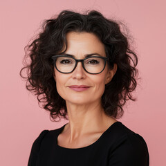 Fototapeta premium Professional portrait of confident woman with glasses studio setting lifestyle photography pink background close-up empowerment concept