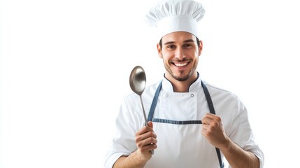A smiling chef wearing a traditional hat and apron, holding a ladle in one hand, isolated on a pristine white background,