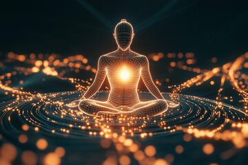 Energy field surrounding the body in a meditative pose with a glowing heart chakra