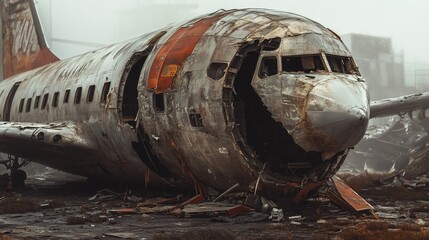 Abandoned and Decayed Airplane Wreckage in a Foggy Industrial Landscape